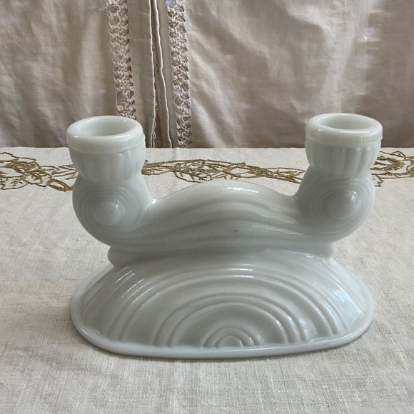 Other - Vintage McKee Milk Glass Double Candlestick Art Deco Scrolled White Taper Holder